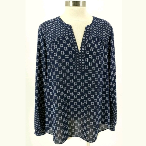 NYDJ Tops - NYDJ Navy Blue Print Long Sleeve V-Neck Tunic Top